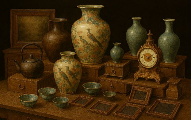 壷や茶碗など骨董品の数々