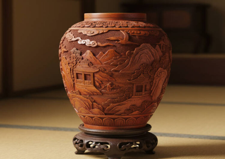 時代のある台座付き堆朱花瓶